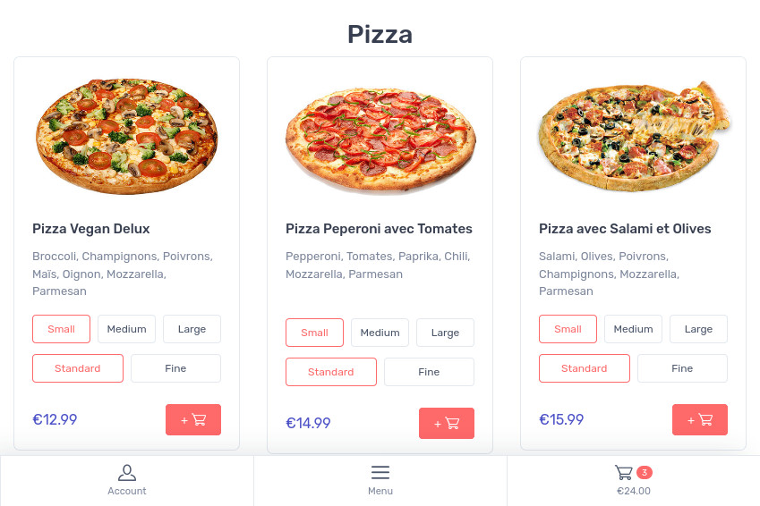 Image montrant la page de commande de pizza d'une application pour pizzeria